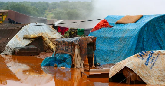 Stock image of flooded displacement camp.